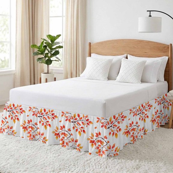 Fall Thanksgiving Bed Skirt California King Size 16 Inch Drop, Rustic Orange Rowan Leaf Berry Tree Branch Adjustable Elastic Dust Ruffles Bedskirt Wrap Around Pleated Mattress Frame Cover
