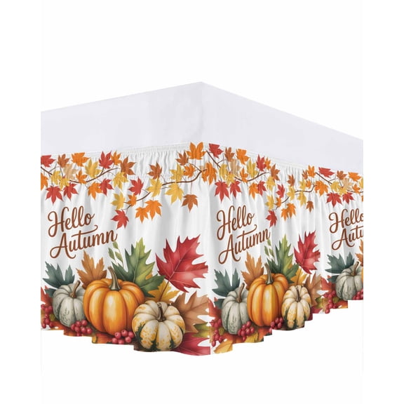 Fall Thanksgiving Bed Skirt Hello Autumn Orange Pumpkin Maple Leaf Bed Skirts Queen Size 16 Inch Drop, Wrap Around Dust Ruffle&nbsp;Bedskirt with Adjustable Elastic Belt for Queen Size Beds
