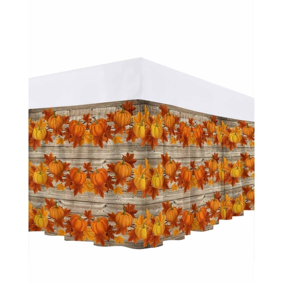 Fall Thanksgiving Bed Skirt King Size 16 Inch Drop, Orange Pumpkin Maple Leaf Wood Grain Wrap Around Dust Ruffle Bedskirts, Wrinkle & Fade Resistant Easy Fit Bedskirt with Adjustable Elastic
