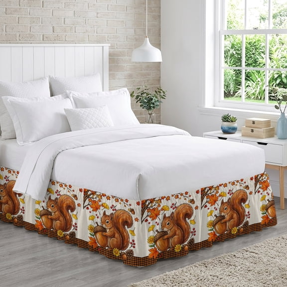 Fall Thanksgiving Bed Skirt King Size 18 Inch Drop, Rustic Squirrel Acorn Orange Gingham Base Adjustable Elastic Dust Ruffles Bedskirt for King Bed Wrap Around Pleated Mattress Frame Cover