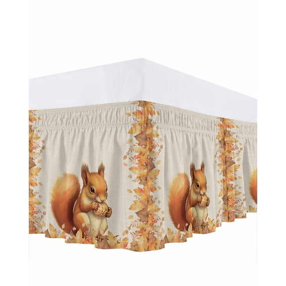 Fall Thanksgiving Bed Skirt Queen Size 16 Inch Drop, Cute Squirrel with Maple Leaves Wrap Around Dust Ruffle Bedskirts, Wrinkle & Fade Resistant Easy Fit Bedskirt with Adjustable Elastic