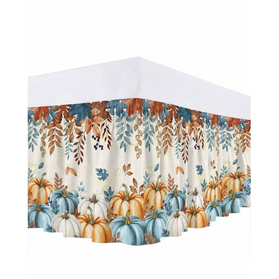 Fall Thanksgiving Bed Skirt Queen Size 18 Inch Drop, Orange Blue Pumpkin Vintage Leaves Harvest Wrap Around Dust Ruffle Bedskirts, Wrinkle & Fade Resistant Easy Fit Bedskirt with Adjustable Elastic