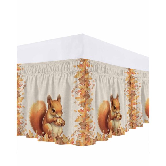 Fall Thanksgiving Bed Skirt Queen Size 18 Inch Drop, Cute Squirrel with Maple Leaves Wrap Around Dust Ruffle Bedskirts, Wrinkle & Fade Resistant Easy Fit Bedskirt with Adjustable Elastic