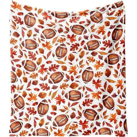 Fall Thanksgiving Blankets,Football with Maple Leaves Farmhouse Blanket Throw,Thanksgiving Fall Flannel Fleece Throw Blanket for Home Living Room Couch Bed Chair or Dorm Decor 60"x50"