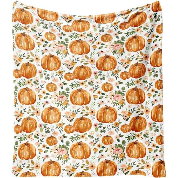 Fall Thanksgiving Blankets,Orange Pumpkin Pink Flower Farmhouse Blanket Throw,Thanksgiving Fall Flannel Fleece Throw Blanket for Home Living Room Couch Bed Chair or Dorm Decor 60"x50"