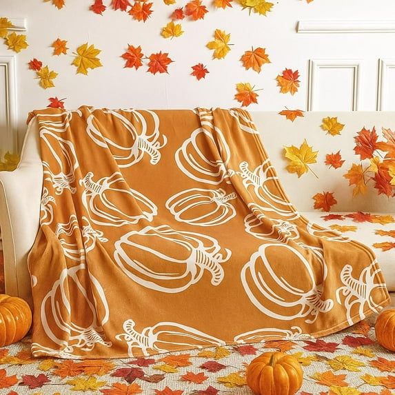 Fall Thanksgiving Blankets Orange Pumpkin Throw Blanket Soft Farmhouse Thanksgiving Flannel Fleece Blankets and Throws for Home Living Room Sofa Couch Bed Chair Decor,60 x 50 Inch