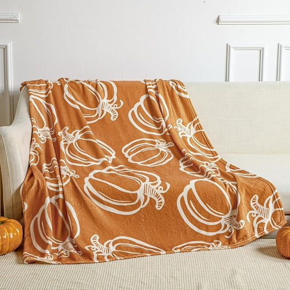 Fall Thanksgiving Blankets Orange Pumpkin Throw Blanket Soft Farmhouse Thanksgiving Flannel Fleece Blankets and Throws for Home Living Room Sofa Couch Bed Chair Decor,60 x 50 Inch