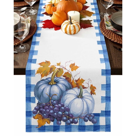 Fall Thanksgiving Blue Pumpkin Table Runner-Cotton Linen- 60 Inch Holiday Dresser Scarves, Buffalo Plaid Leaves Fruit Tablerunner for Kitchen Coffee/Dining Living Room Dinner Scarf Décor 13x60