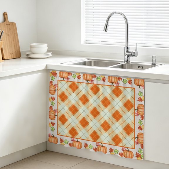 Fall Thanksgiving Cabinet Curtain, Rustic Orange Gingham Pattern Pumpkin Border Sink Skirt for Bathroom, Under Sink shelf Curtain Privacy Drape for Kitchen Laundry Room 10x11in