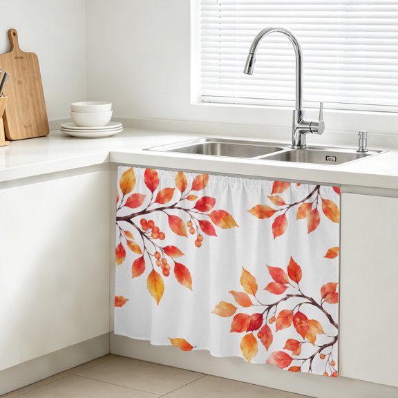 Fall Thanksgiving Cabinet Curtain, Rustic Orange Rowan Leaf Berry Tree Branch Sink Skirt for Bathroom, Under Sink shelf Curtain Privacy Drape for Kitchen Laundry Room 11x13in