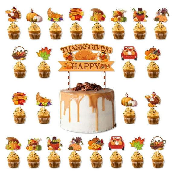 Fall Thanksgiving Cake Flags With 25Pc Set, Paper Construction And Themed Design For Baking Decor And Party Supplies 9.84X6.89X1.97In 0.44Lb