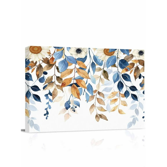 Fall Thanksgiving Canvas Print Wall Art Framed Canvas Art Wall Decor Plant Blue Leaves Rustic White Pictures Painting Morden Artwork for Living Room Bedroom, Ready to Hang - 12"x16"