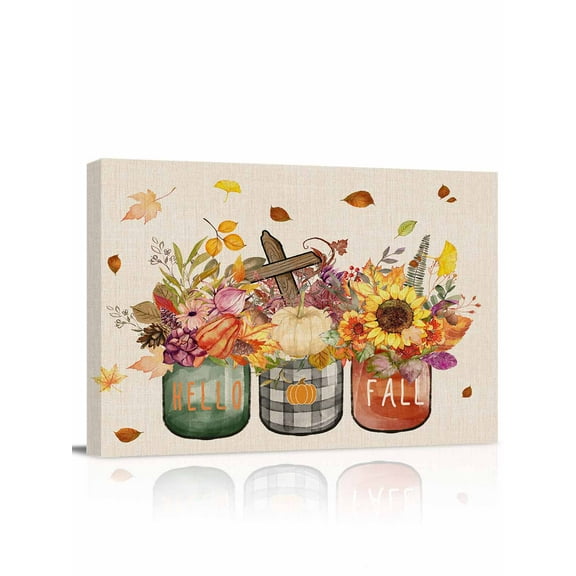 Fall Thanksgiving Canvas Print Wall Art Framed Canvas Art Wall Decor Pumpkin Sunflowers Linen Texture Pictures Painting Morden Artwork for Living Room Bedroom, Ready to Hang - 12"x16"