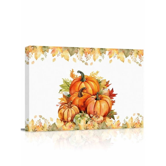 Fall Thanksgiving Canvas Print Wall Art Framed Canvas Art Wall Decor Pumpkin Watercolor Botanical Maple Leaves Pictures Painting Morden Artwork for Living Room Bedroom, Ready to Hang - 12"x16"