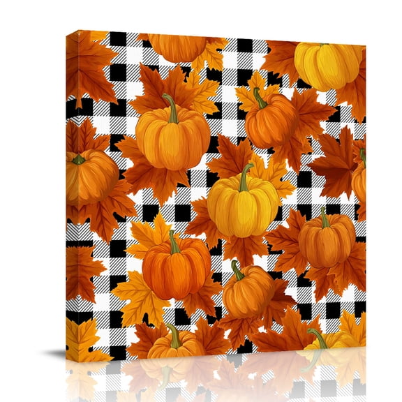 Fall Thanksgiving Canvas Wall Art for Living Room, Maple Leaf Pumpkin Black White Plaid Poster Print Painting for Bedroom Office Home Decoration Wall Pictures Prepare To Hang 10"x10"