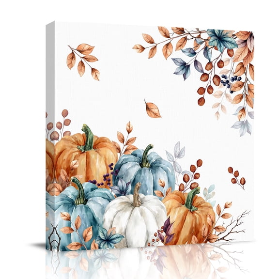 Fall Thanksgiving Canvas Wall Art for Living Room, Orange Blue Grey Pumpkins Maple Leaves Poster Print Painting for Bedroom Office Home Decoration Wall Pictures Prepare To Hang 16"x16"