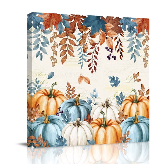 Fall Thanksgiving Canvas Wall Art for Living Room, Orange Blue Pumpkin Vintage Leaves Harvest Poster Print Painting for Bedroom Office Home Decoration Wall Pictures Prepare To Hang 8"x8"