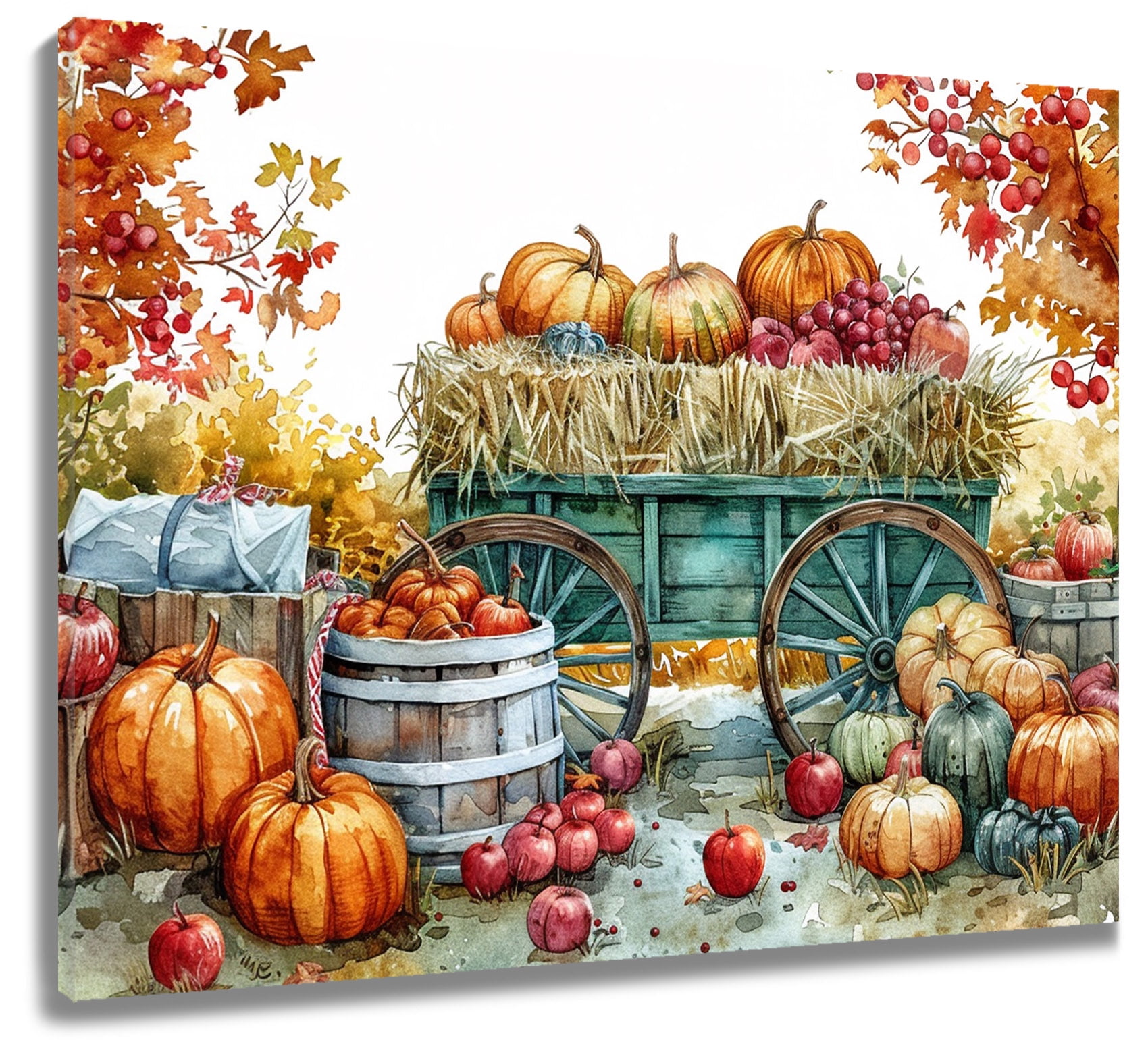 Fall Thanksgiving Canvas Wall Art Rural Orange Pumpkin in the Cart