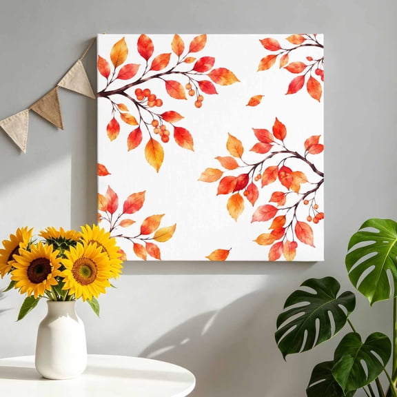 Fall Thanksgiving Canvas Wall Art, Rustic Orange Rowan Leaf Berry Tree Branch Framed Canvas Wall Decor Picture Print Artwork Decorations for Living Room Office Ready to Hang 16" x 16"