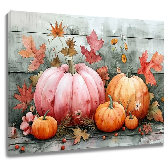 Fall Thanksgiving Canvas Wall Art Watercolor Pink Orange Pumpkin Maple Leaves on Rural Wood Boards Wall Art Autumn Thanksgiving Wall Art Framed for Bedroom Living Room Easy to Hang,12x12 Inches