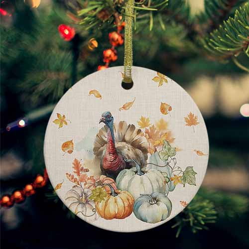Fall Thanksgiving Ceramic Ornaments, Pumpkin Turkey Maple Leaf Rustic Burlap Round Porcelain Hanging Ornaments with Gold String, Xmas Decorations Keepsake Gifts for Holiday Home Party 3''