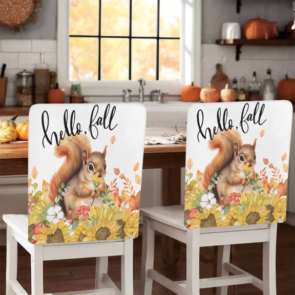 Fall Thanksgiving Chair Covers Set of 1 Day Cute Squirrel Sunflowers Fall Leaves Chair Back Covers Stretch Removable Washable Slipcovers Protector for Dining Room Kitchen Party Decor