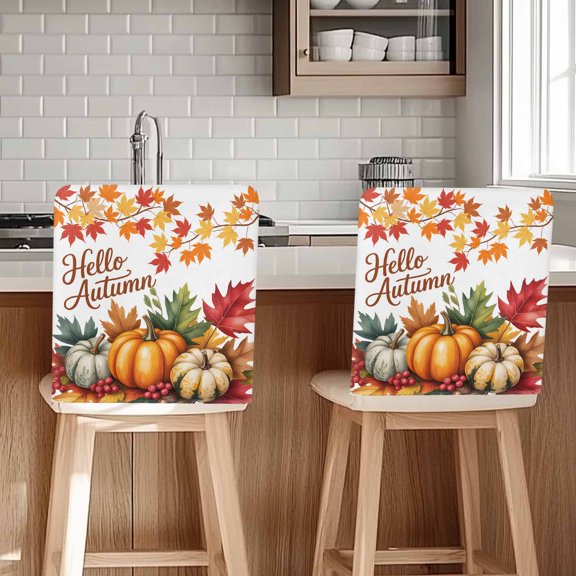 Fall Thanksgiving Chair Covers Set of 1 Hello Autumn Orange Pumpkin Maple Leaf Chair Back Covers Stretch Removable Washable Chairs Slipcovers Chair Protector for Dining Room Kitchen Party Decor