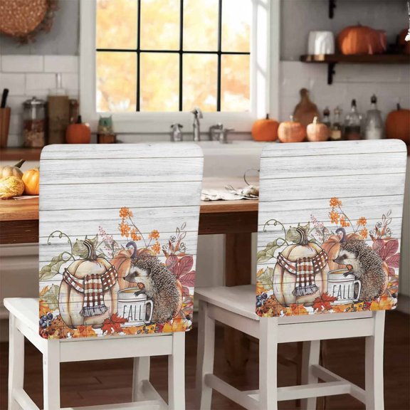 Fall Thanksgiving Chair Covers Set of 1 Pumpkin Hedgehog Leaf Coffee Wood Grain Chair Back Covers Stretch Removable Washable Slipcovers Protector for Dining Room Kitchen Party Decor