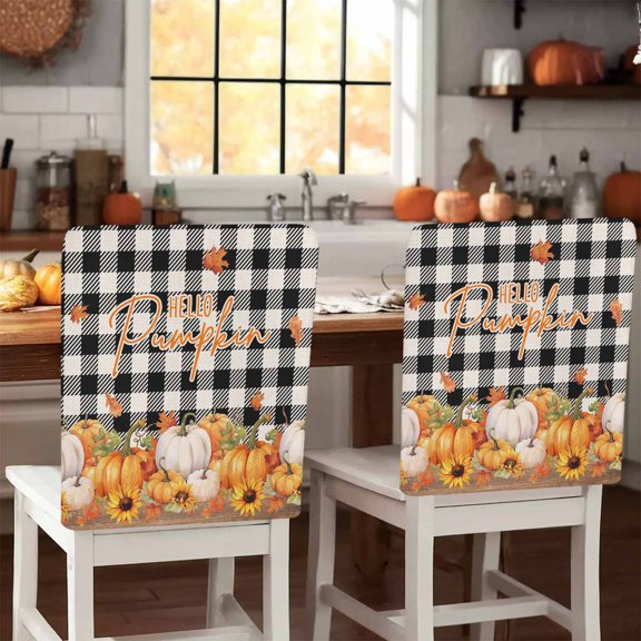 Fall Thanksgiving Chair Covers Set of 1 Pumpkin Sunflower Maple Leaves Black White Plaid Chair Back Covers Stretch Removable Washable Slipcovers Protector for Dining Room Kitchen Party Decor