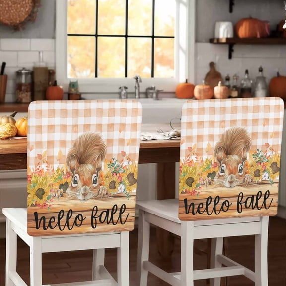 Fall Thanksgiving Chair Covers Set of 1 Pumpkins Squirrel Sunflower Buffalo Plaid Chair Back Covers Stretch Removable Washable Slipcovers Protector for Dining Room Kitchen Party Decor