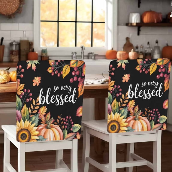 Fall Thanksgiving Chair Covers Set of 6 Autumn Harvest Pumpkin Jam Leaves Chair Back Covers Stretch Removable Washable Slipcovers Protector for Dining Room Kitchen Party Decor