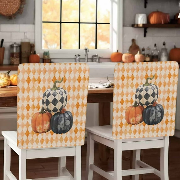Fall Thanksgiving Chair Covers Set of 6 Pumpkin with Floral Orange Diamond Plaid Chair Back Covers Stretch Removable Washable Slipcovers Protector for Dining Room Kitchen Party Decor