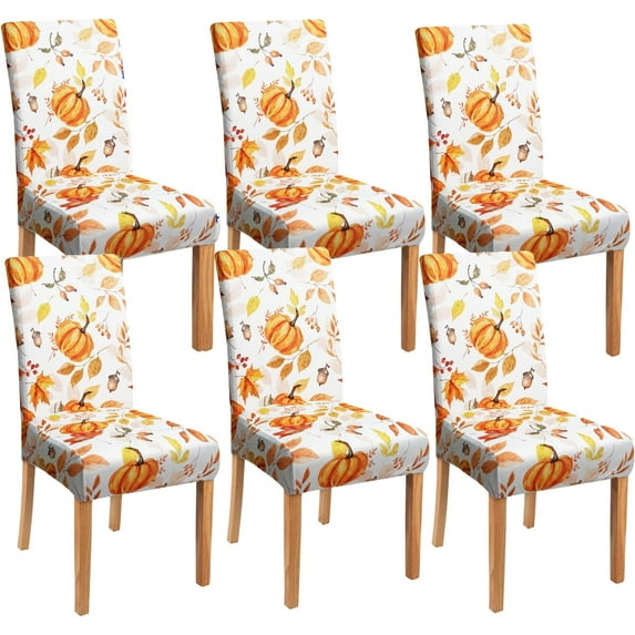 Fall Thanksgiving Chair Covers Set of 6, Watercolor Pumpkin Maple Leaf Dining Chair Protectors, Elastic Removable Washable Dining Chair Covers for Fall Thanksgiving Kitchen Dining Room Holiday Decor