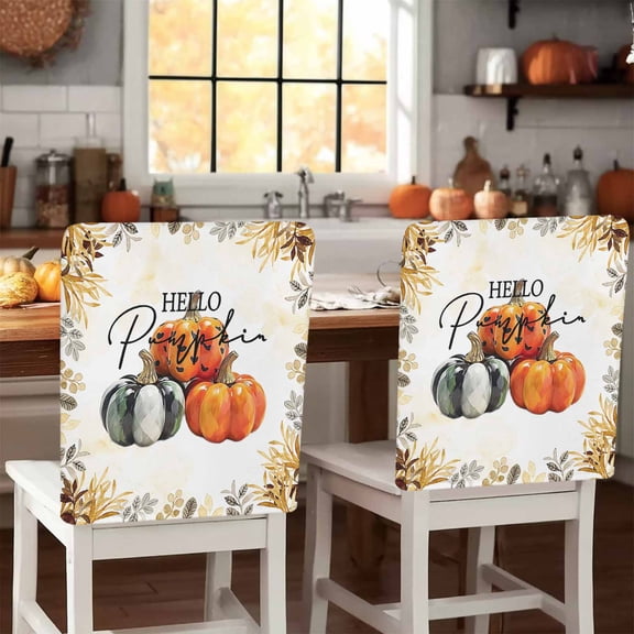 Fall Thanksgiving Chair Covers Set of 8 Pumpkin Retro Botanical Leaves Chair Back Covers Stretch Removable Washable Slipcovers Protector for Dining Room Kitchen Party Decor