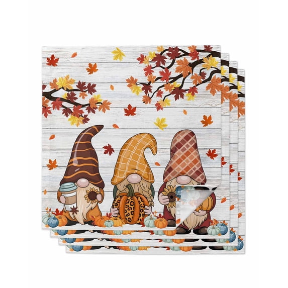 Fall Thanksgiving Cloth Napkins Set of 4 Reusable Dinner Napkins, Maple Leaf Pumpkin Gnomes Gray Wooden Cocktail Napkin Washable Table Napkins for Wedding/Holiday Party/Baby Shower 20"x20"