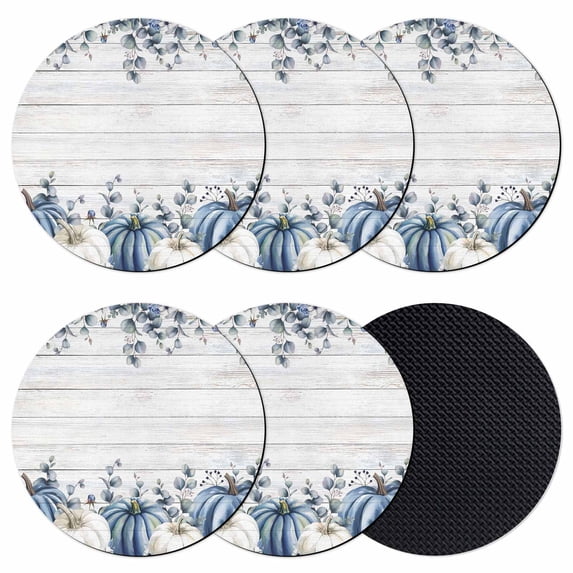 Fall Thanksgiving Coasters Set of 6, Absorbent Coasters for Drinks, Blue White Pumpkin Eucalyptus Wood Coaster for Desk Coffee Table Protection, Home Decor House Warming Gifts 4"