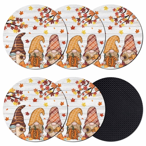 Fall Thanksgiving Coasters Set of 6, Absorbent Coasters for Drinks, Maple Leaf Pumpkin Gnomes Gray Wooden Coaster for Desk Coffee Table Protection, Home Decor House Warming Gifts 4"