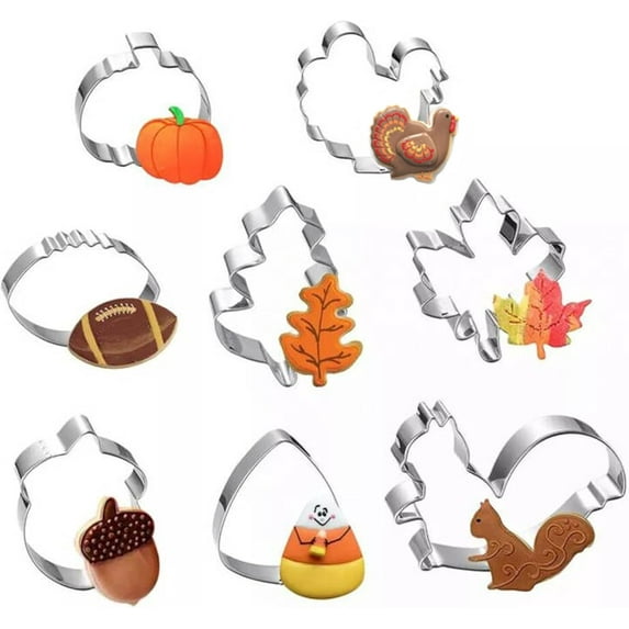 Fall Thanksgiving Cookie Cutters Set - 8 Pieces - Pumpkin, Football,Turkey, Maple Leaf, Oak Leaf,Squirrel,Candy Corn and Acorn- Stainless Steel