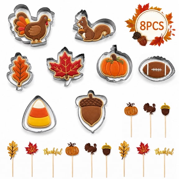 Fall Thanksgiving Cookie Cutters Set 8 Pieces - Pumpkin, Turkey, Maple Leaf, Oak Leaf, Squirrel, Candy Corn and Acorn- Stainless Steel