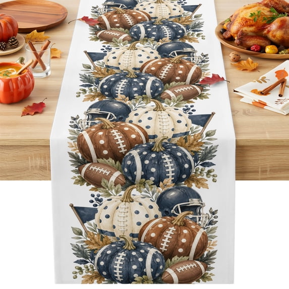 Fall Thanksgiving Cotton Linen Rectangle Table Runners 13"x60", Rustic Pumpkin Soccer Sports Blue Brown Coffee Table Runner Dresser Scarves Luxury Table Runners for Wedding Party Banquet Dinner Decor