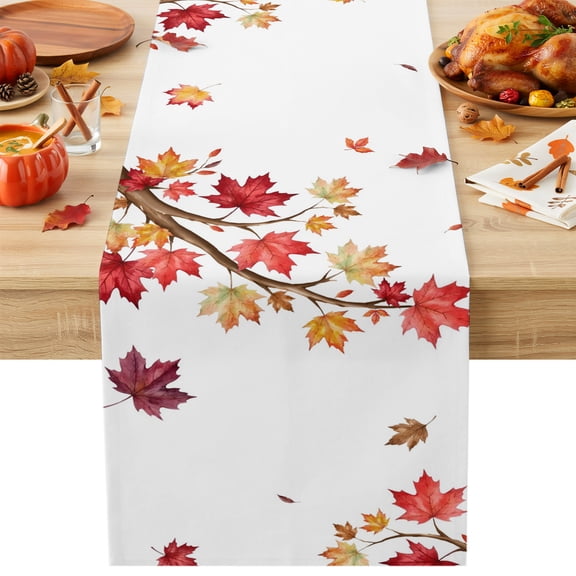 Fall Thanksgiving Cotton Linen Table Runner Rustic Red Yellow Maple Leaf Tree Branch Twig Dining Table Runners for Home Decor Party Dining Room Restaurant Kitchen Party 13" x 60"