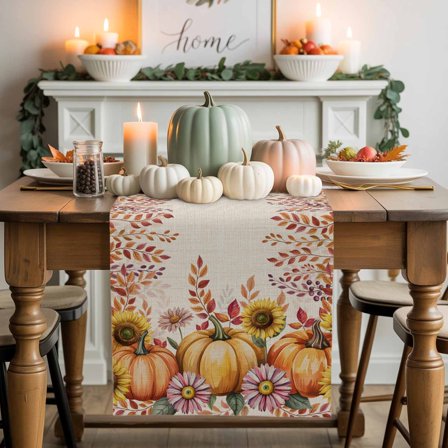 Fall Thanksgiving Cotton Linen Table Runner, Washable Table Runners for Kitchen, Dining Room, Holiday, Home Party Table Decor, 13x108 Inches