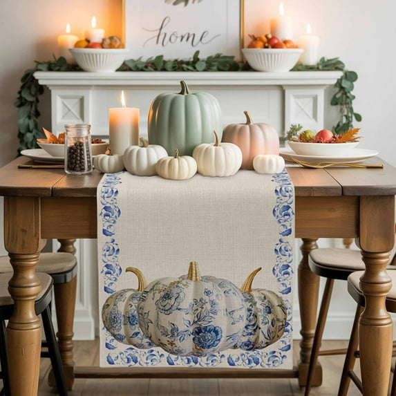 Fall Thanksgiving Cotton Linen Table Runner, Washable Table Runners for Kitchen, Dining Room, Holiday, Home Party Table Decor, 13x60 Inches