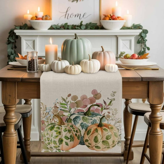 Fall Thanksgiving Cotton Linen Table Runner, Washable Table Runners for Kitchen, Dining Room, Holiday, Home Party Table Decor, 13x60 Inches