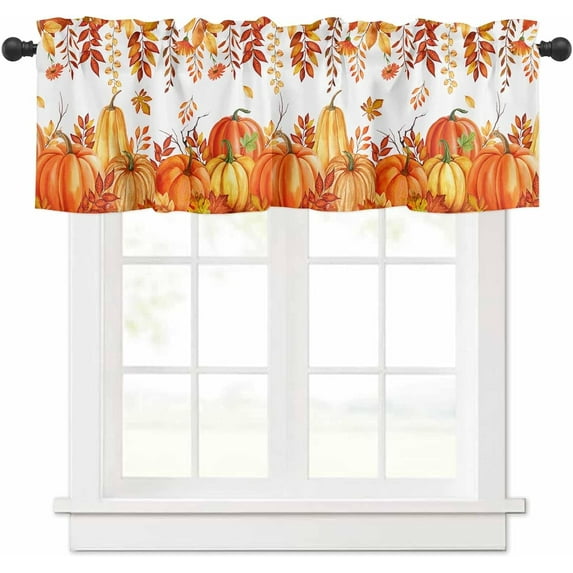 Fall Thanksgiving Curtain Valance for Windows Autumn Pumpkin Maple Leaves Eucalyptus Leaves Watercolor Window Treatments 1 Panel Short Curtains for Kitchen Windows Bathroom Bedroom,54 x 18 Inch