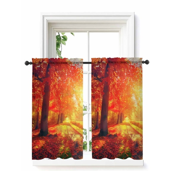 Fall Thanksgiving Curtains 45 Inch Length, Sheer Curtains for Bedroom Living Room Window Red Orange Sunrise Forest Autumn Rod Pocket Voile Drapes Kitchen Curtains Small Half Window 42"x45" 2 Panels