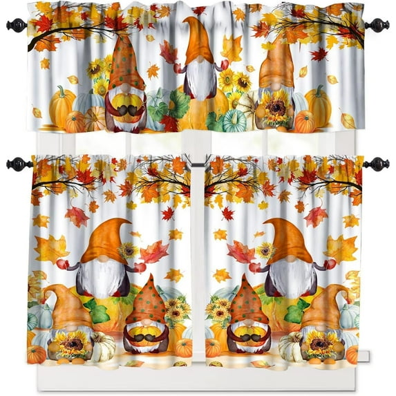 Fall Thanksgiving Curtains Valances Set, Thanksgiving Autumn Pumpkins Leaves Decoration Kitchen Window Curtains Tier and Valance Curtain Set for Bedroom Living Room 54x18 & 27x36x2, 3 Panel