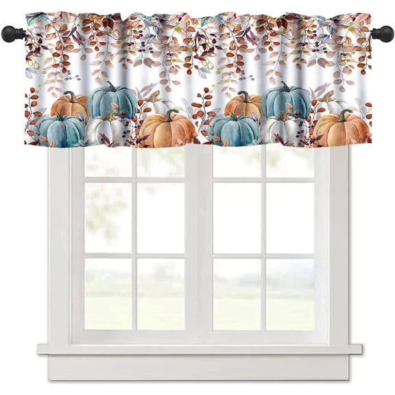 Fall Thanksgiving Curtains Valances for Windows，Watercolor Autumn Pumpkins Eucalyptus Leaves Window Treatment Valances for Kitchen Living Room,54" X 18"