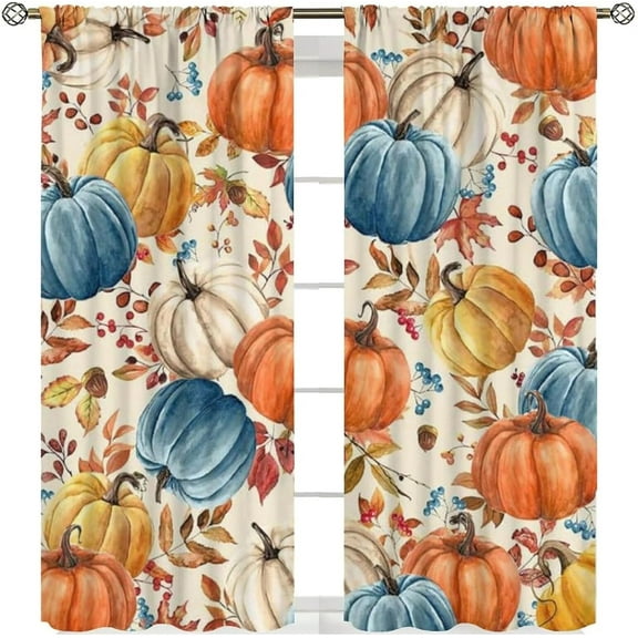 Fall Thanksgiving Curtains Watercolor Autumn Pumpkins Eucalyptus Leaves Decorations for Home,Farmhouse Decor Rod Pocket Drapes for Bedroom Living Room 84 in x 84 in Blackout