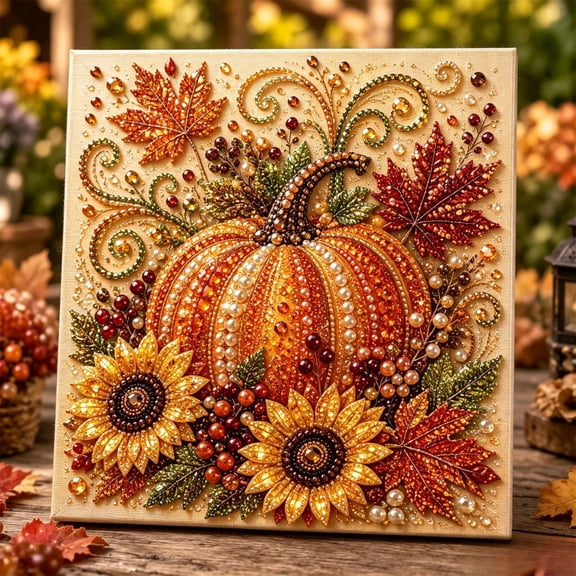 Fall Thanksgiving DIY Pearl Painting Kit, Pumpkin Squirrel Themed Handmade Art Set for Home Table Wall Decor